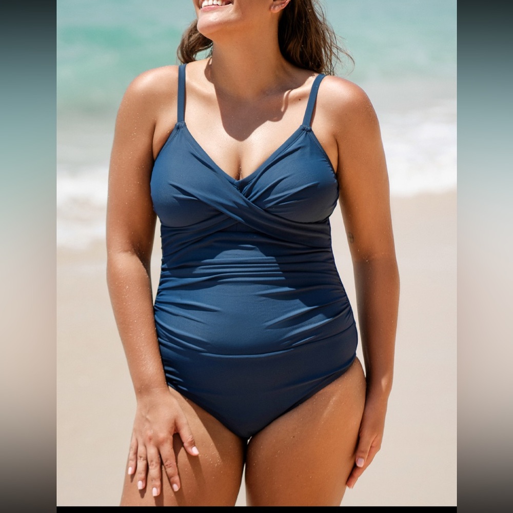 Cupshe Navy Solid Wrap Front Tummy Control Plus Size One Piece - 0X